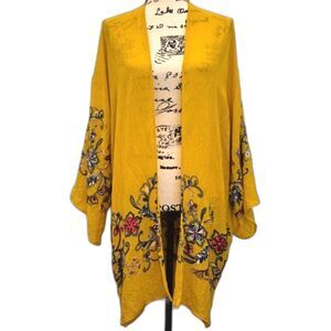 Three Bird Nest Kimono OS Embroidered Gauzy Mustard Fun In Florals Open Front